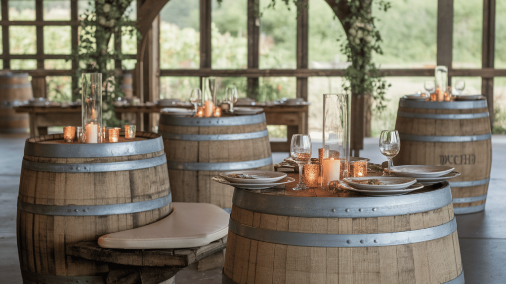 rustic wedding tables made from wine barrels with candles and greenery at a vineyard