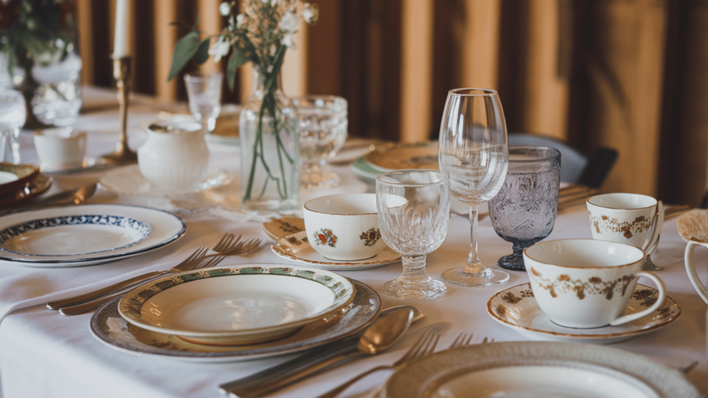 rustic wedding tables set with mismatched vintage china, glasses, and floral arrangements.