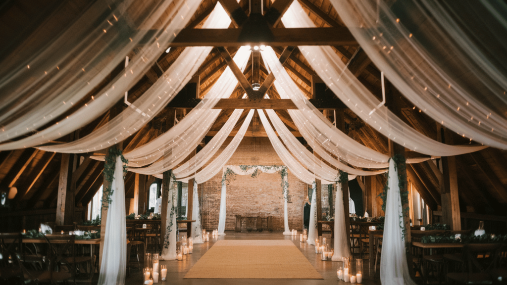 rustic wedding venue with flowing tulle drapes and string lights hanging from wooden beams