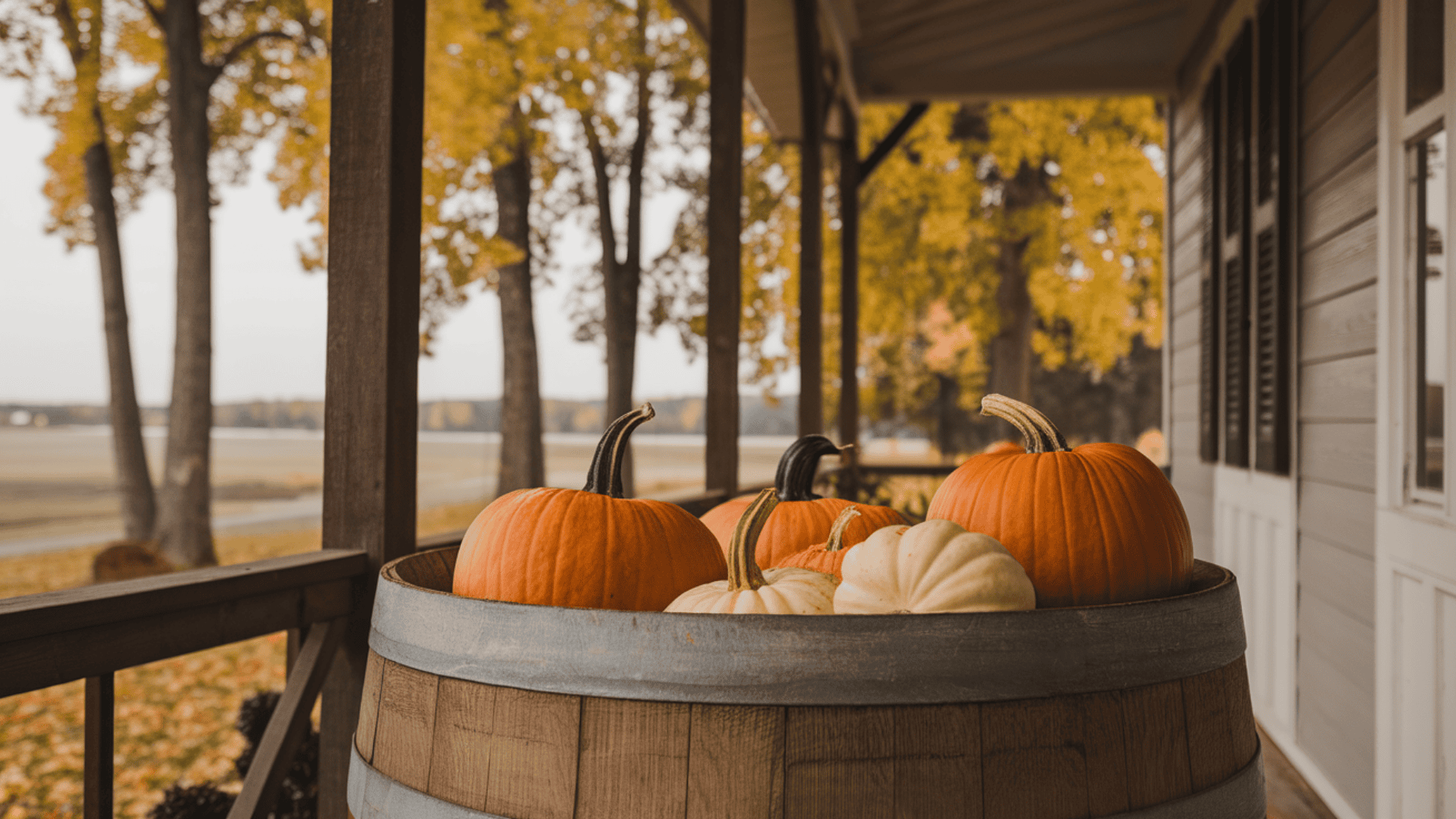 rustic wooden barrel half filled with mixed size pumpkins on one side of a farmhouse fall porch