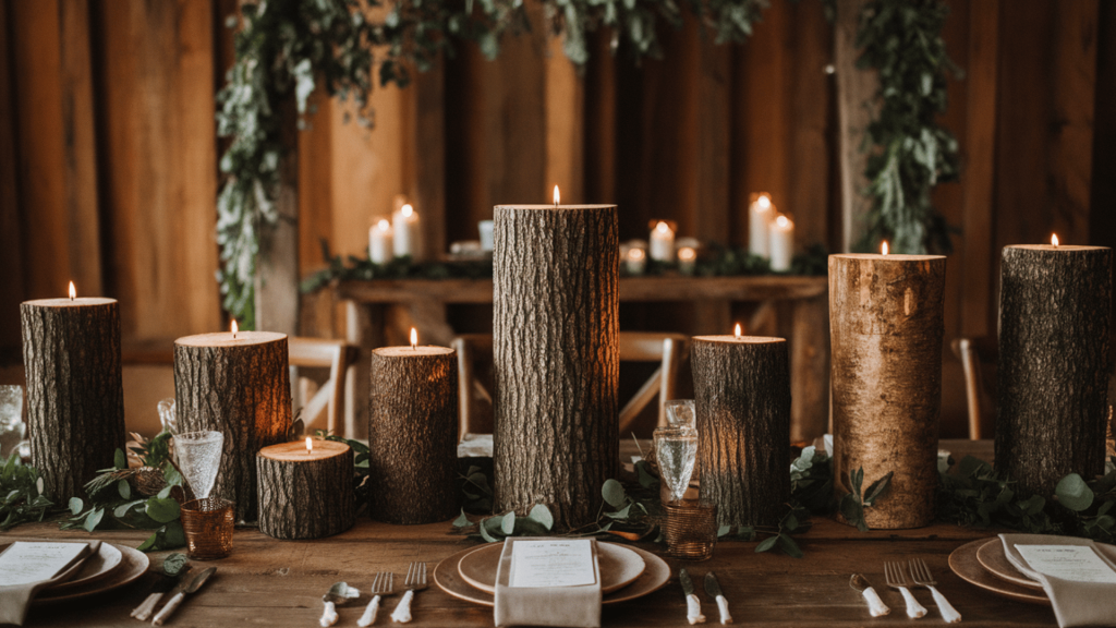 rustic wooden candle holders with tree trunk designs, candles, and greenery at a wedding table.