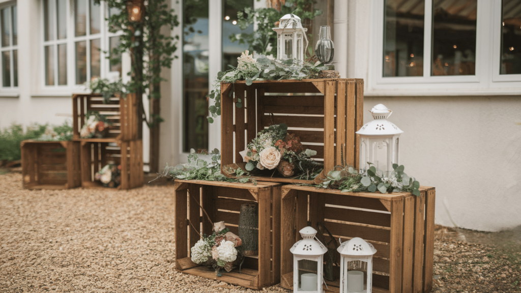 rustic wooden crates decorated with flowers and lanterns at an outdoor wedding.