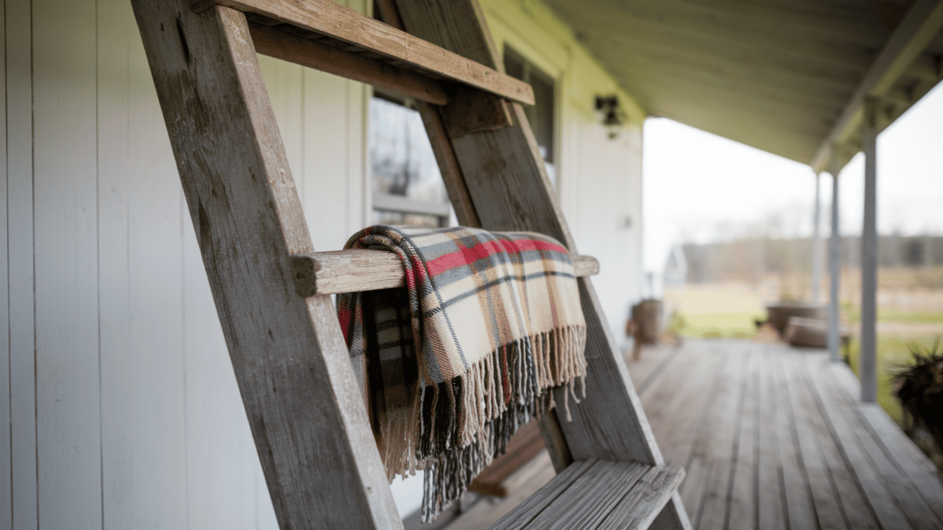 rustic wooden ladder leaning against a farmhouse porch wall with a plaid throw over one rung