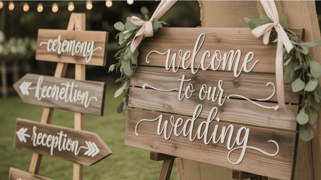 rustic wooden wedding signage featuring a 'Welcome to Our Wedding' sign with arrows pointing