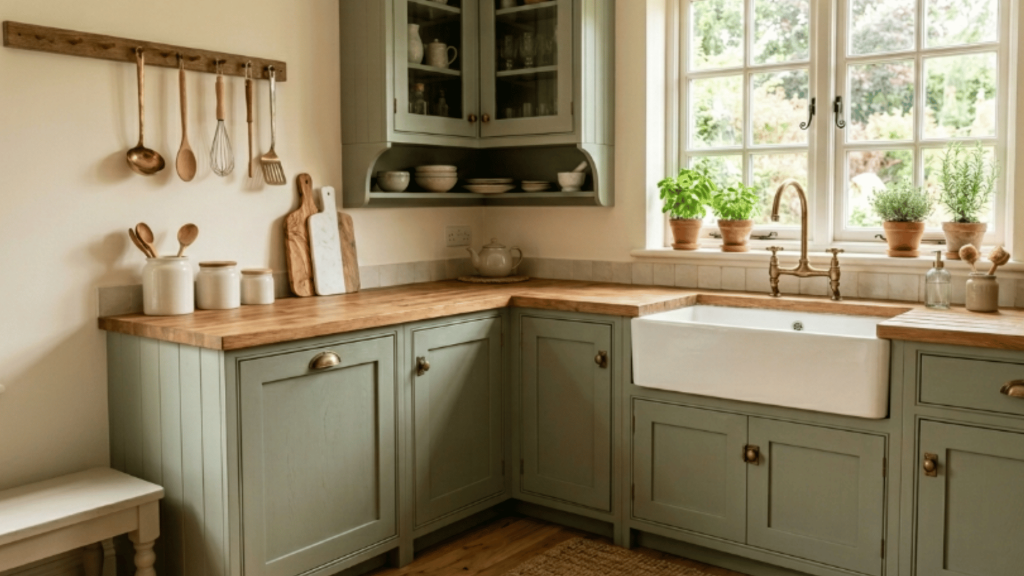 sage green cabinets in corner kitchen with farmhouse sink under window wooden counters rustic decor and warm natural light
