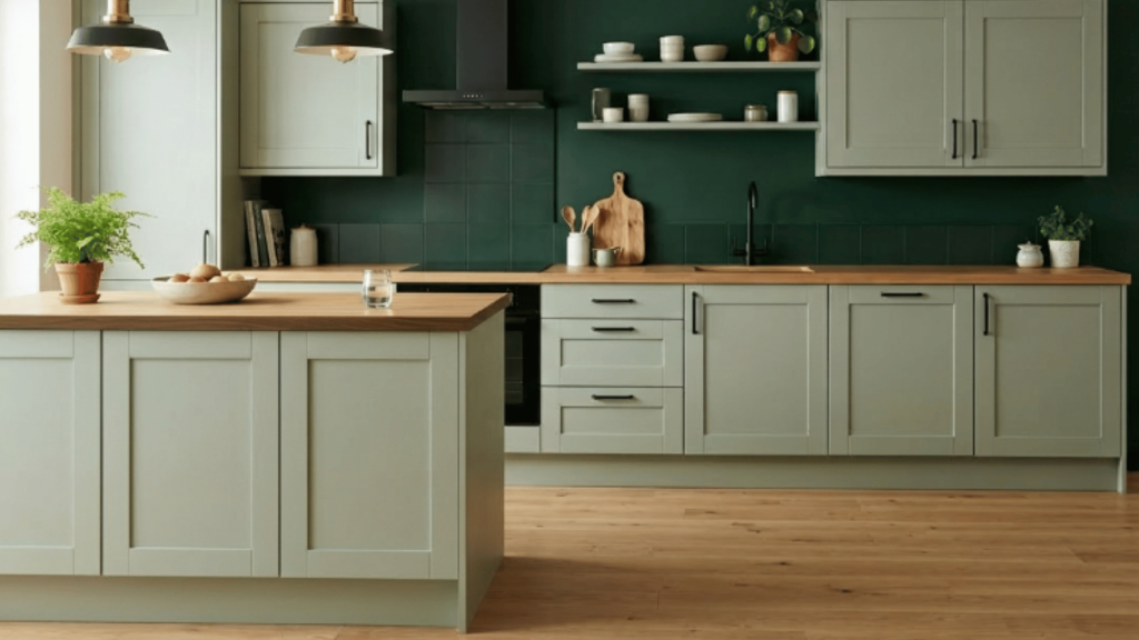 sage green cabinets in one wall kitchen with bold navy accent wall wooden flooring warm lighting and simple rustic decor