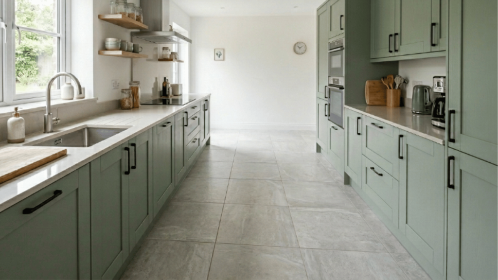 sage green cabinets in parallel kitchen with light gray tile flooring bright natural light and simple rustic elements