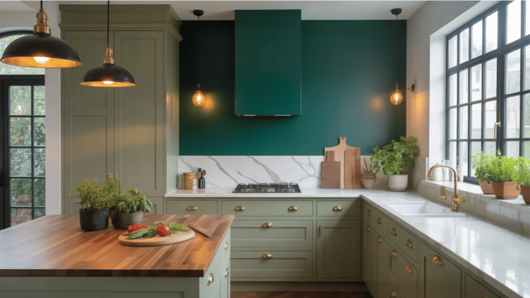 sage green kitchen with emerald accent wall, marble backsplash, and wood island countertop