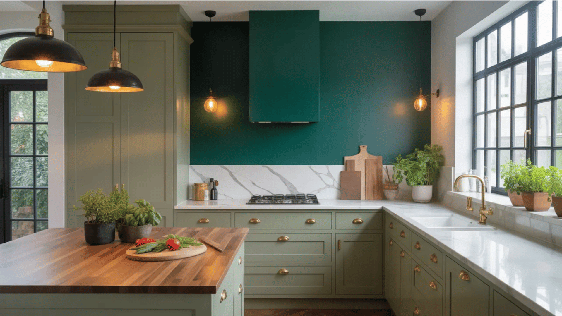 sage green kitchen with emerald accent wall, marble backsplash, and wood island countertop