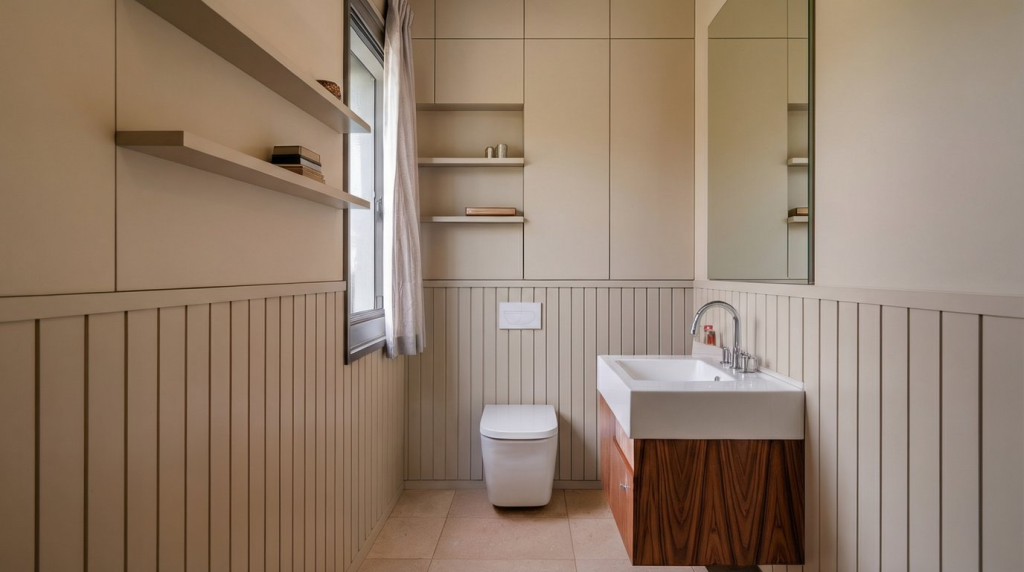 shaker style flat panel wainscoting for small bathroom spaces