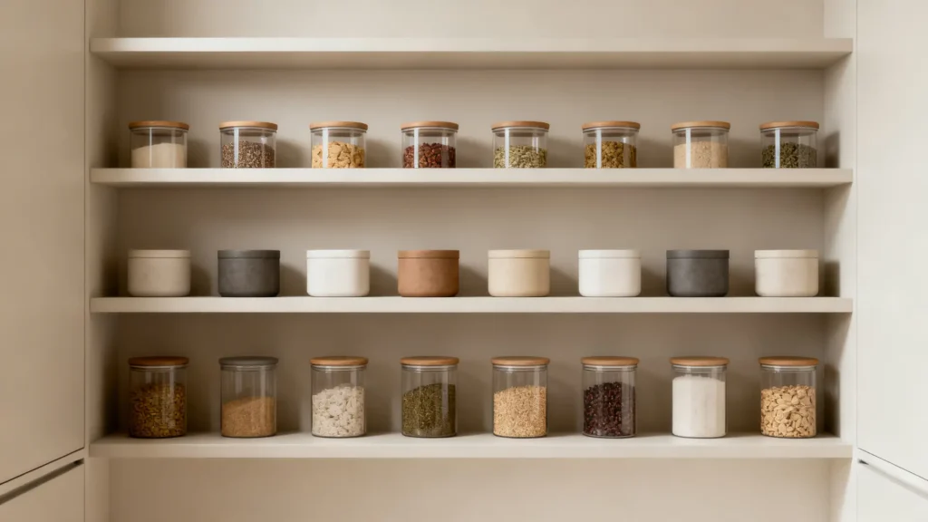 shallow pantry shelves with containers arranged in one row