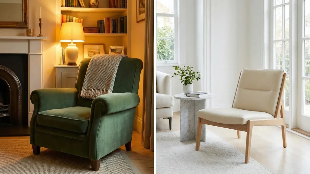 side by side collage of a classic upholstered armchair and a sleek armless chair in modern interior settings