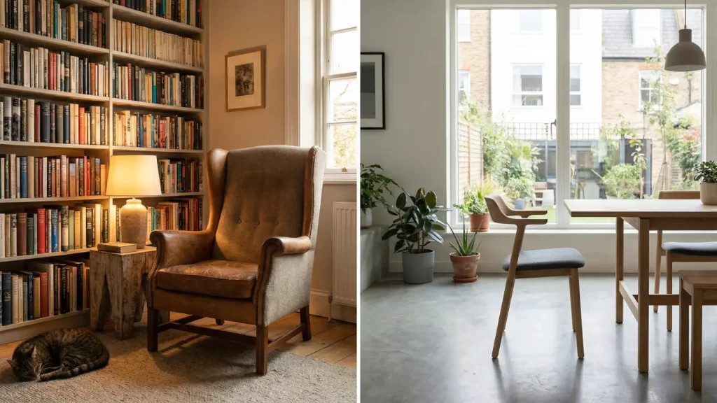 side by side collage of a tall high-back chair in a reading nook and a low-back chair at a modern dining table