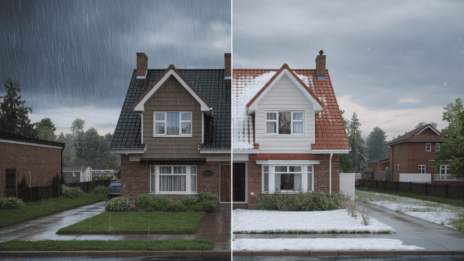 side by side comparison of low slope and steep roof pitch showing water drainage and snow load differences