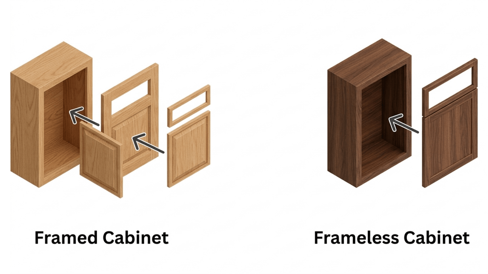 side by side diagram comparing framed cabinet construction with face frame versus frameless full-access cabinet box