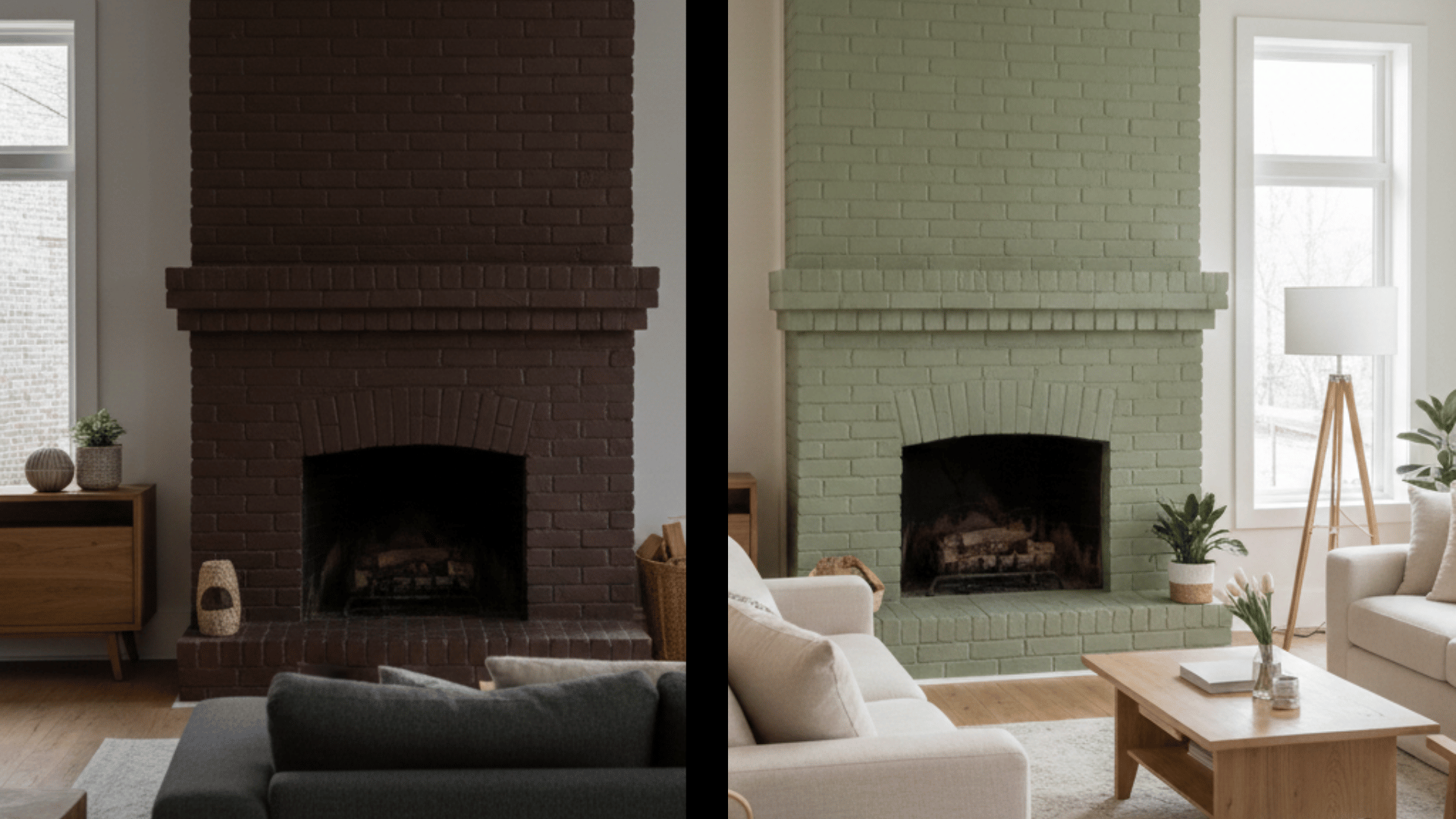 side-by-side of a dull brick fireplace updated with a calming sage green finish in a cozy, contemporary living space.