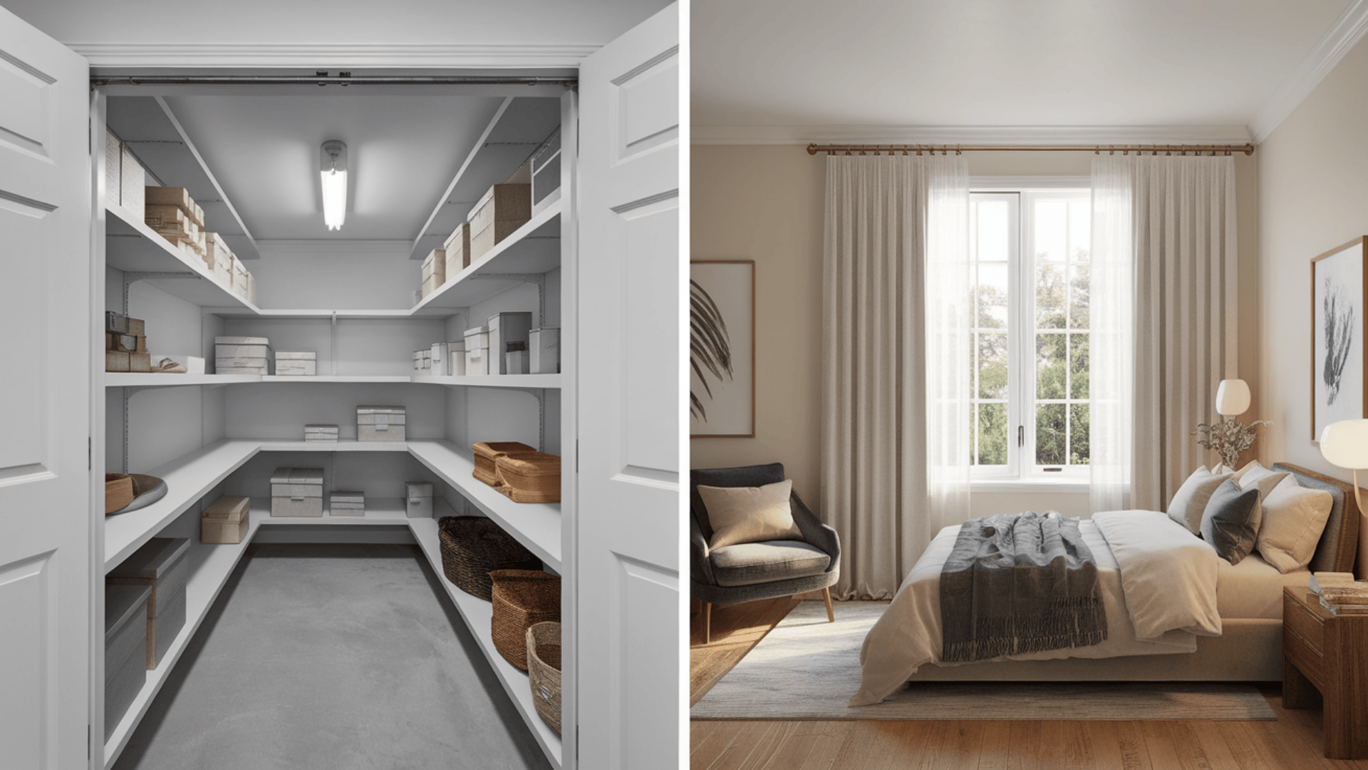 side by side view of storage room and bedroom showing difference between rarely used and regularly occupied spaces