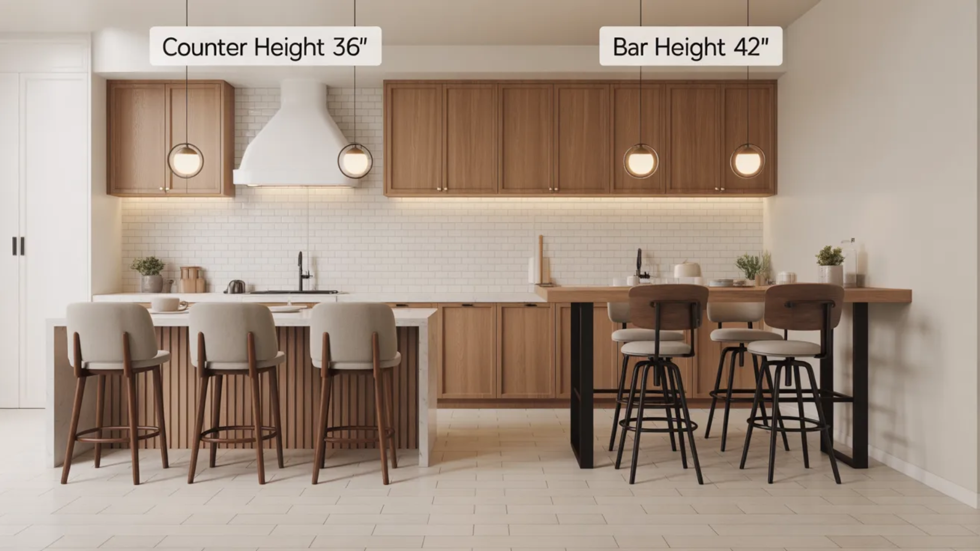 side by side visual comparison of counter height vs bar height seating showing dimension differences