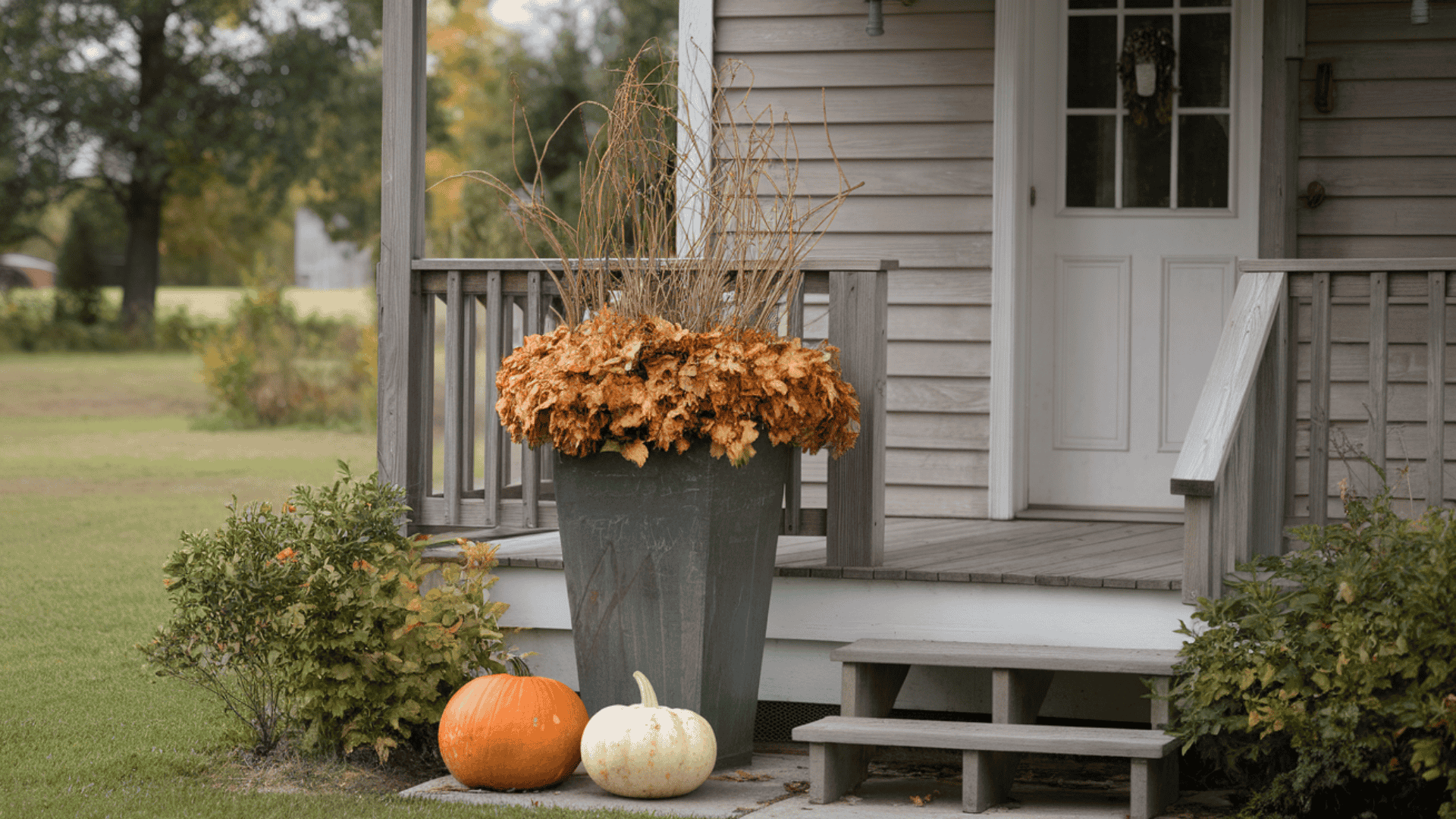 single tall planter with dried branches and pumpkins at the base on a small farmhouse fall porch
