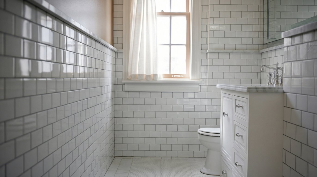 sleek white subway tile wainscoting