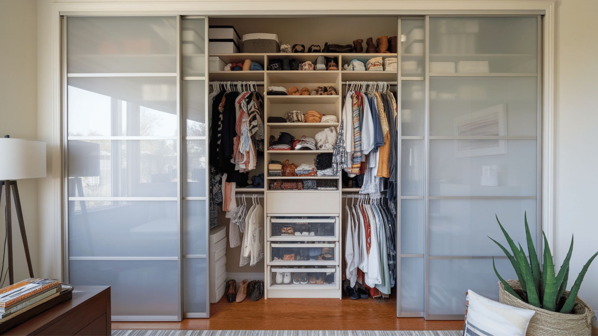 sliding doors on closet for space-saving access and sleek, modern design