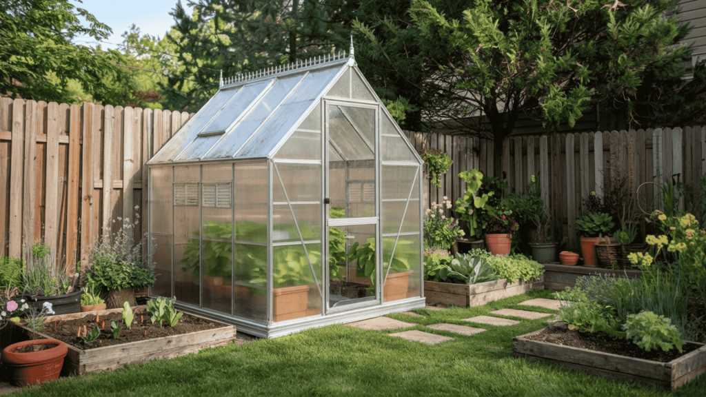 small aluminum framed backyard greenhouse with polycarbonate panels against a wooden fence
