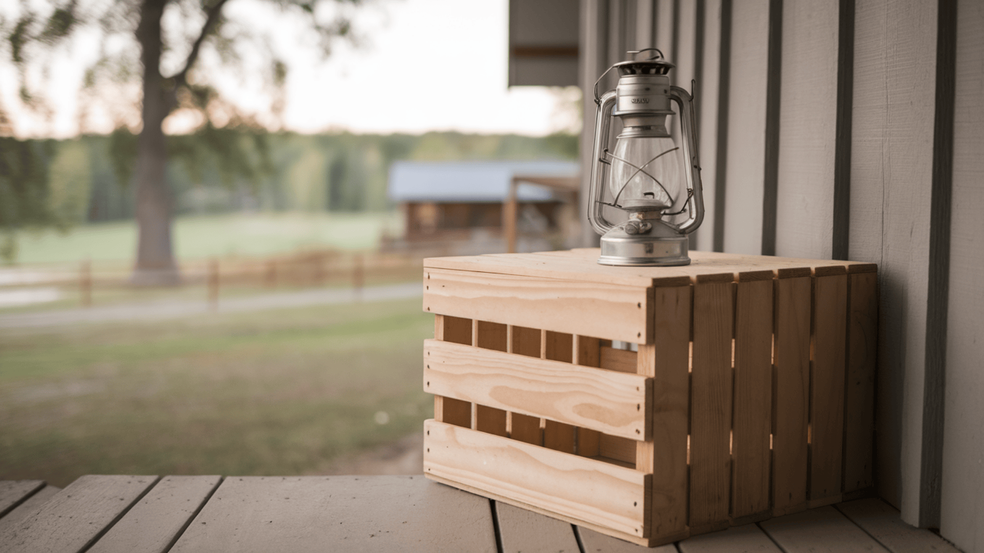 small natural wood crate used as a side table holding a lantern on a fall farmhouse porch