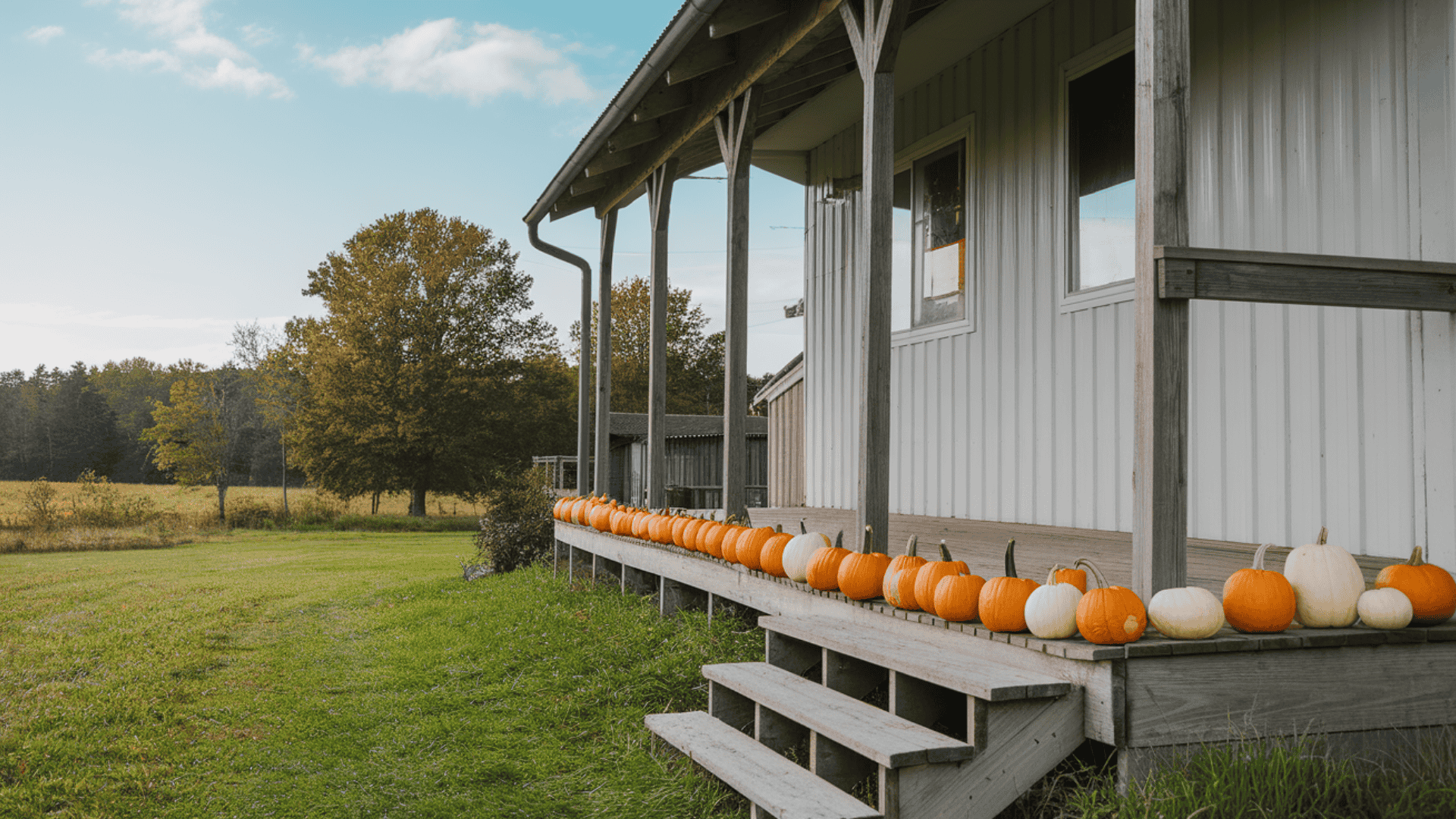 small orange and white pumpkins lining the edge of farmhouse porch steps in fall