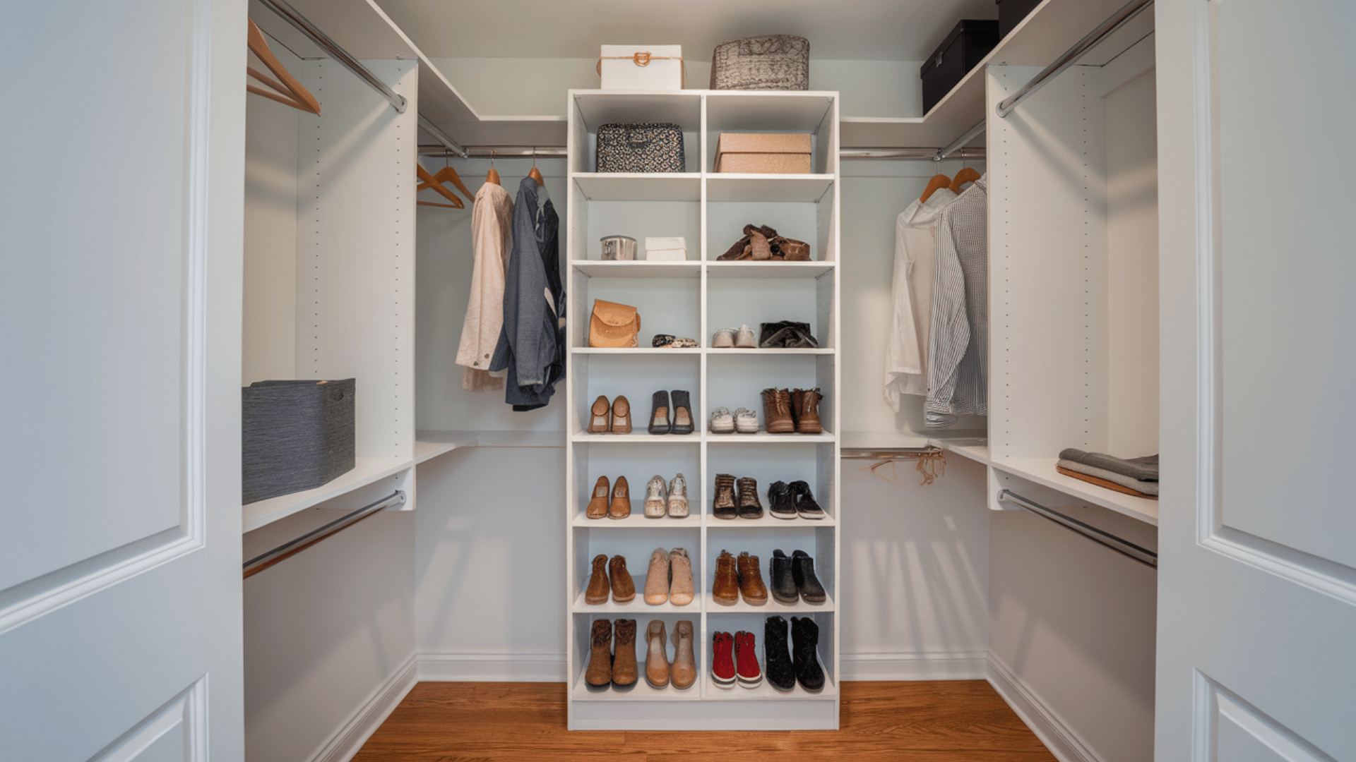 small reach-in closet with custom shelving and short-hanging rods to maximize storage and organization