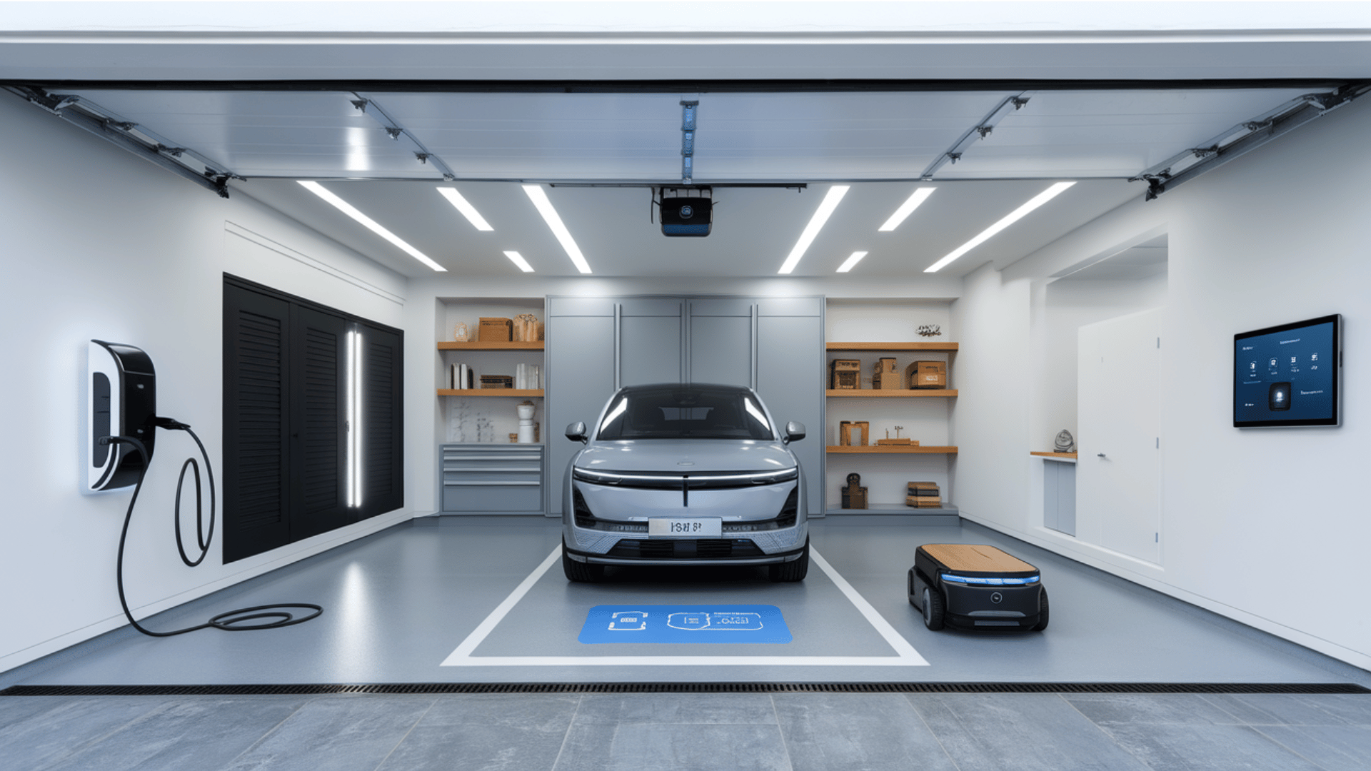 smart garage with tech integration including ev charging and security systems