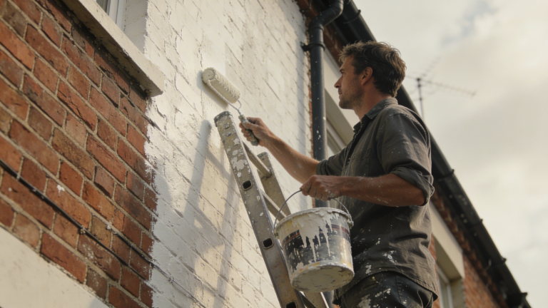 soft, matte lime wash paint finish with subtle texture and cloudy tonal variation on exterior wall surface