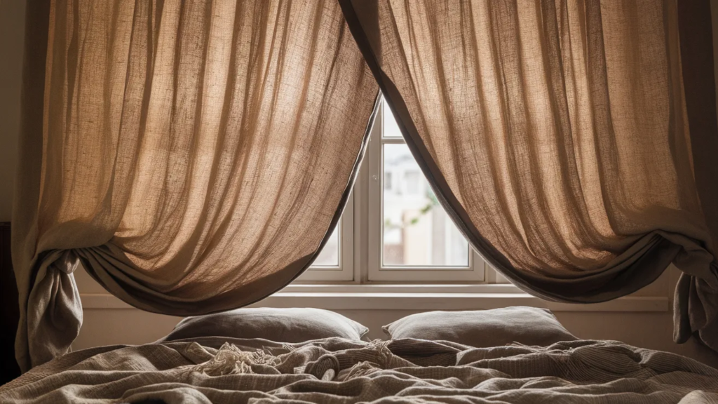 soft, warm-toned curtains tied back to reveal a window, with cozy bed linens and pillows visible in the foreground.