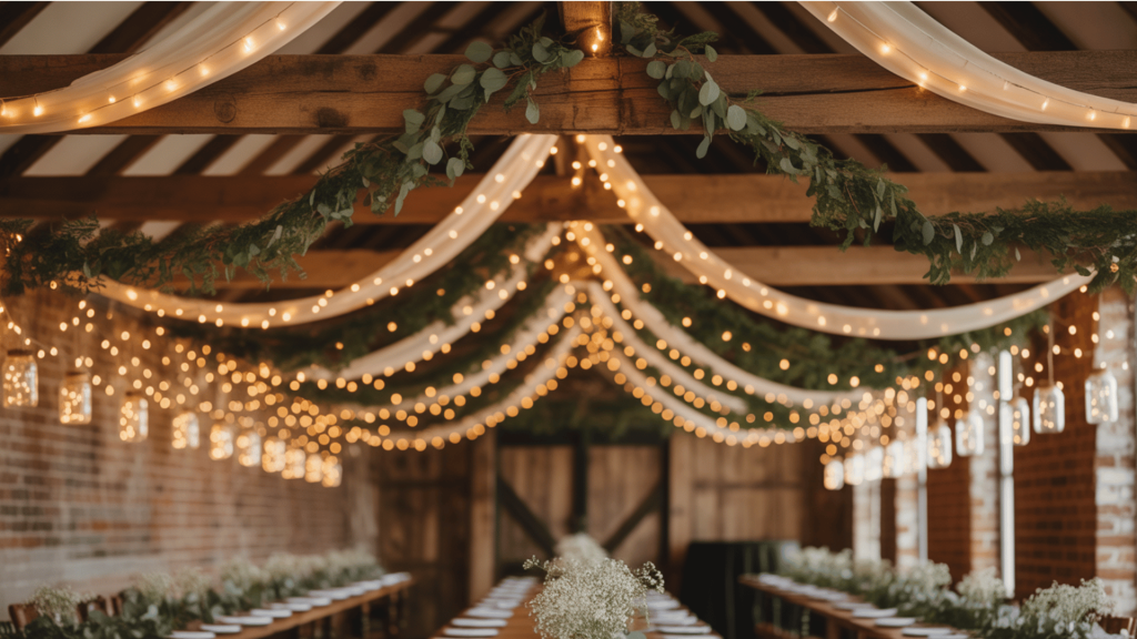 softly lit rustic wedding venue with delicate fairy lights draped across beams