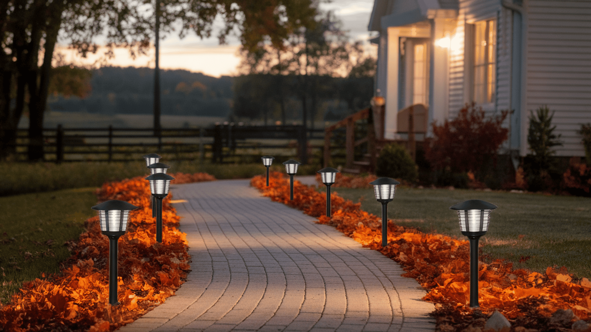solar stake lights lining a farmhouse front walkway with a soft warm glow at fall dusk