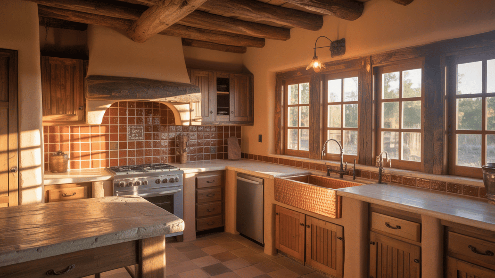 southwestern adobe style kitchen with terracotta tile, timber beams, and hammered copper sinks.