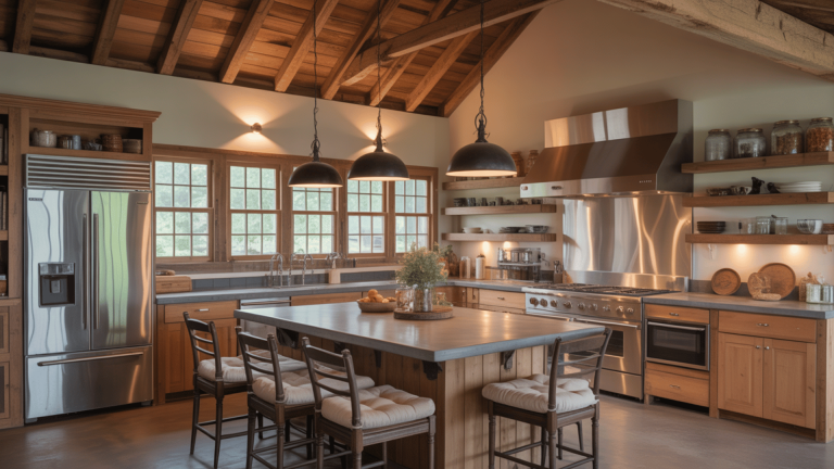 spacious barndominium kitchen with wooden beams, stainless steel appliances, and a central island with bar stools