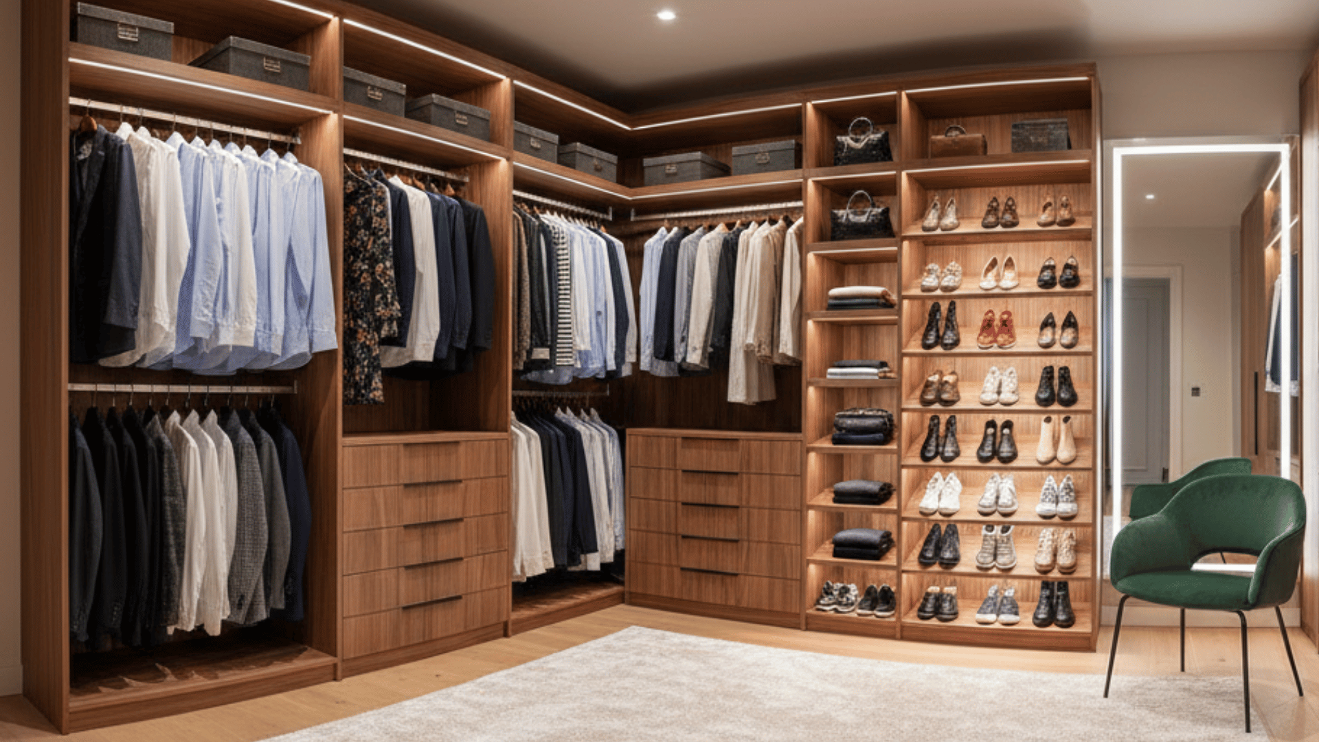 spacious l-shape walk-in closet with organized shelves and hanging areas for clothes
