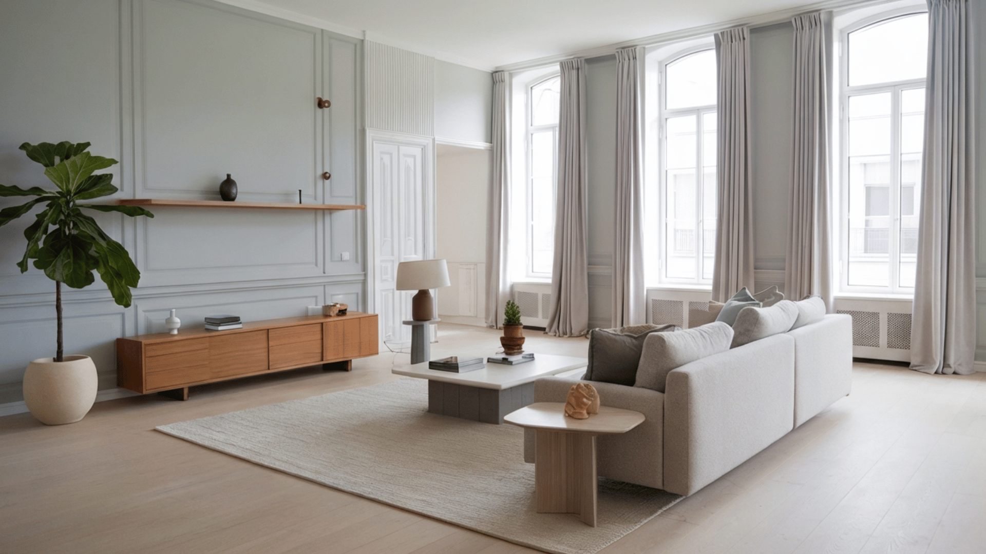 spacious living room with a light gray wall, wooden furniture, and large windows.