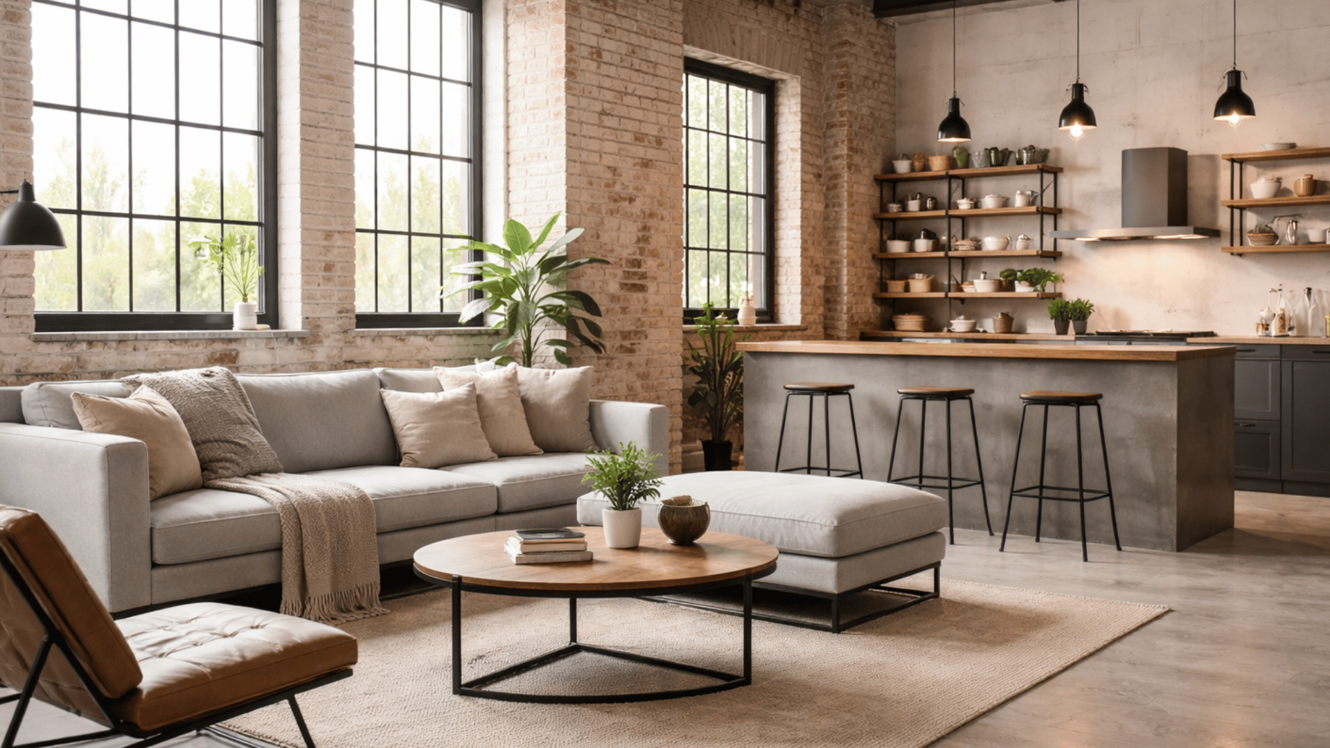 spacious modern industrial living room with light gray furniture and wooden accents