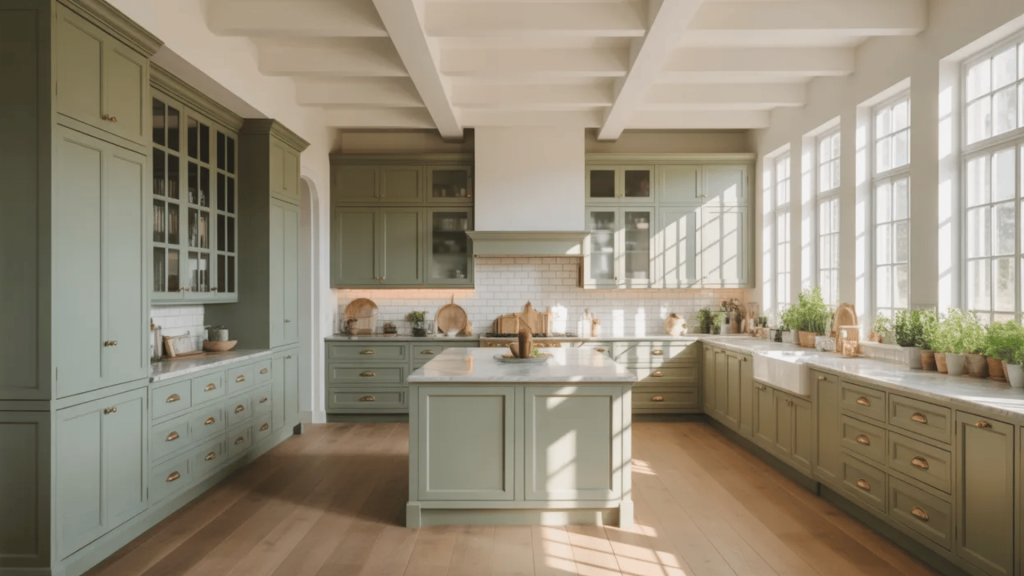 spacious rustic kitchen with sage green cabinetry, white marble countertops, and a white beamed ceiling