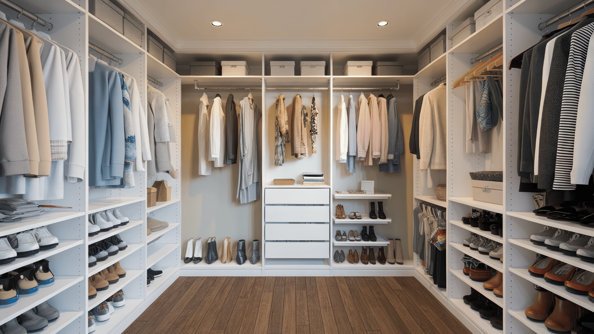 spacious u-shape walk-in closet with custom shelving, double hanging rods, and organized storage for shoes and accessories.