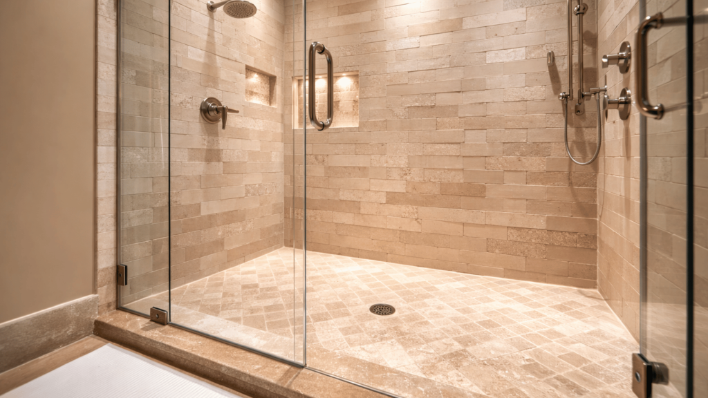 spacious walk-in shower with beige stone tiles, featuring two showerheads, recessed lighting, and a central drain.
