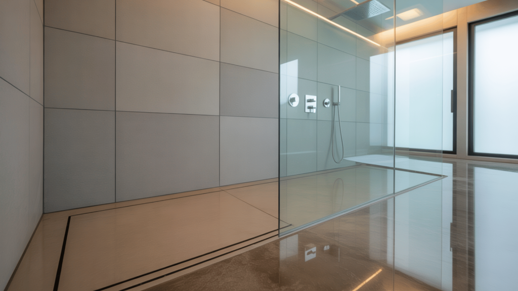 spacious walk-in shower with gray tiles, curbless floor, and a sleek glass enclosure