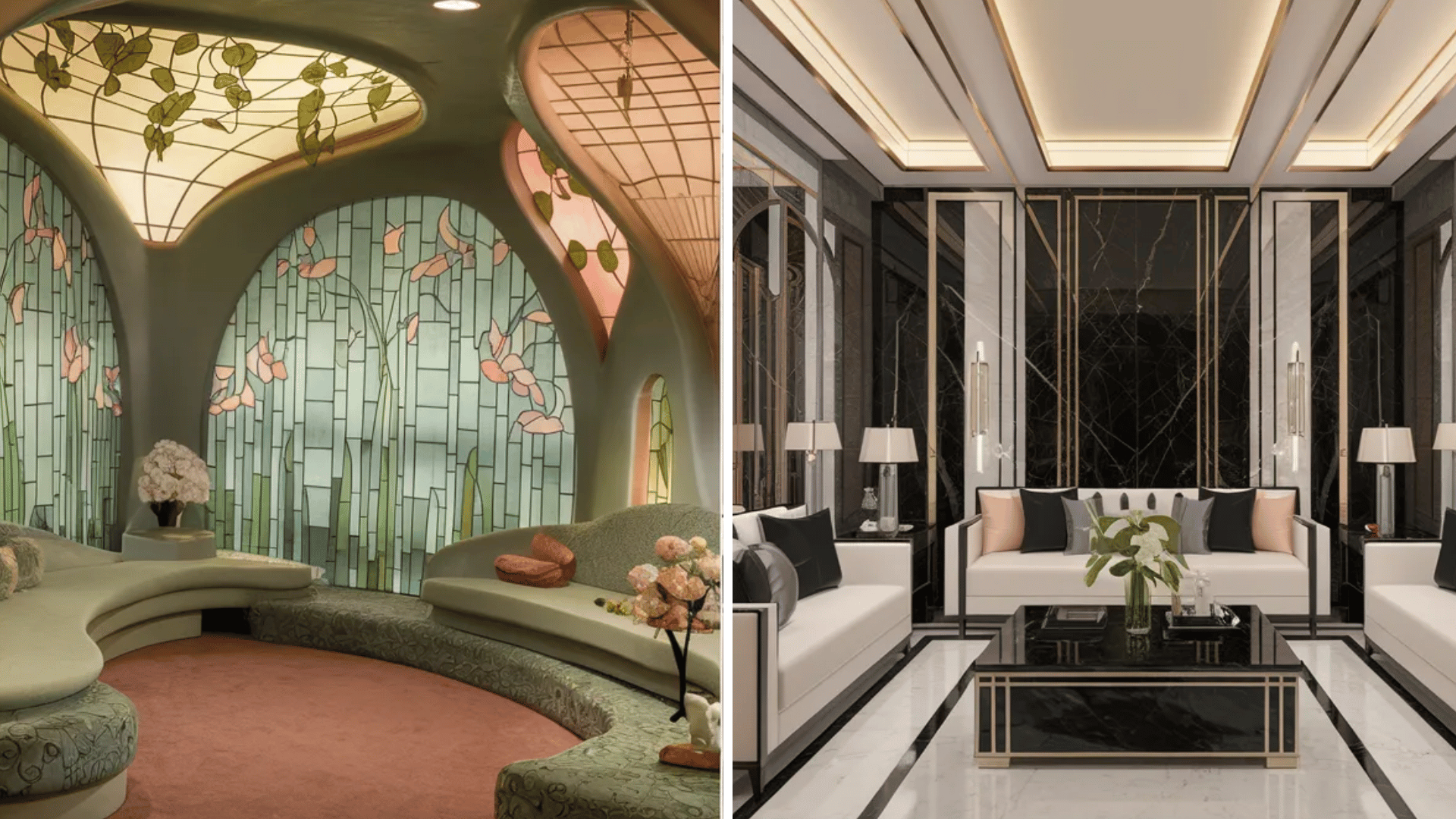split image showing art nouveau style room with curved glass design and modern black and white living room interior