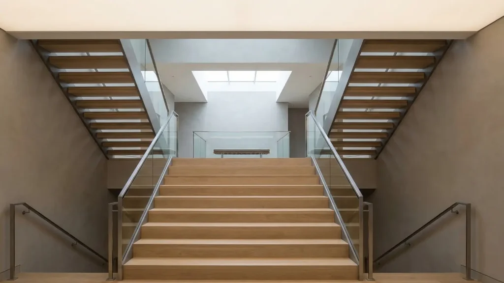 split staircase with two separate runs connected by a mid-level landing in a modern residential interior