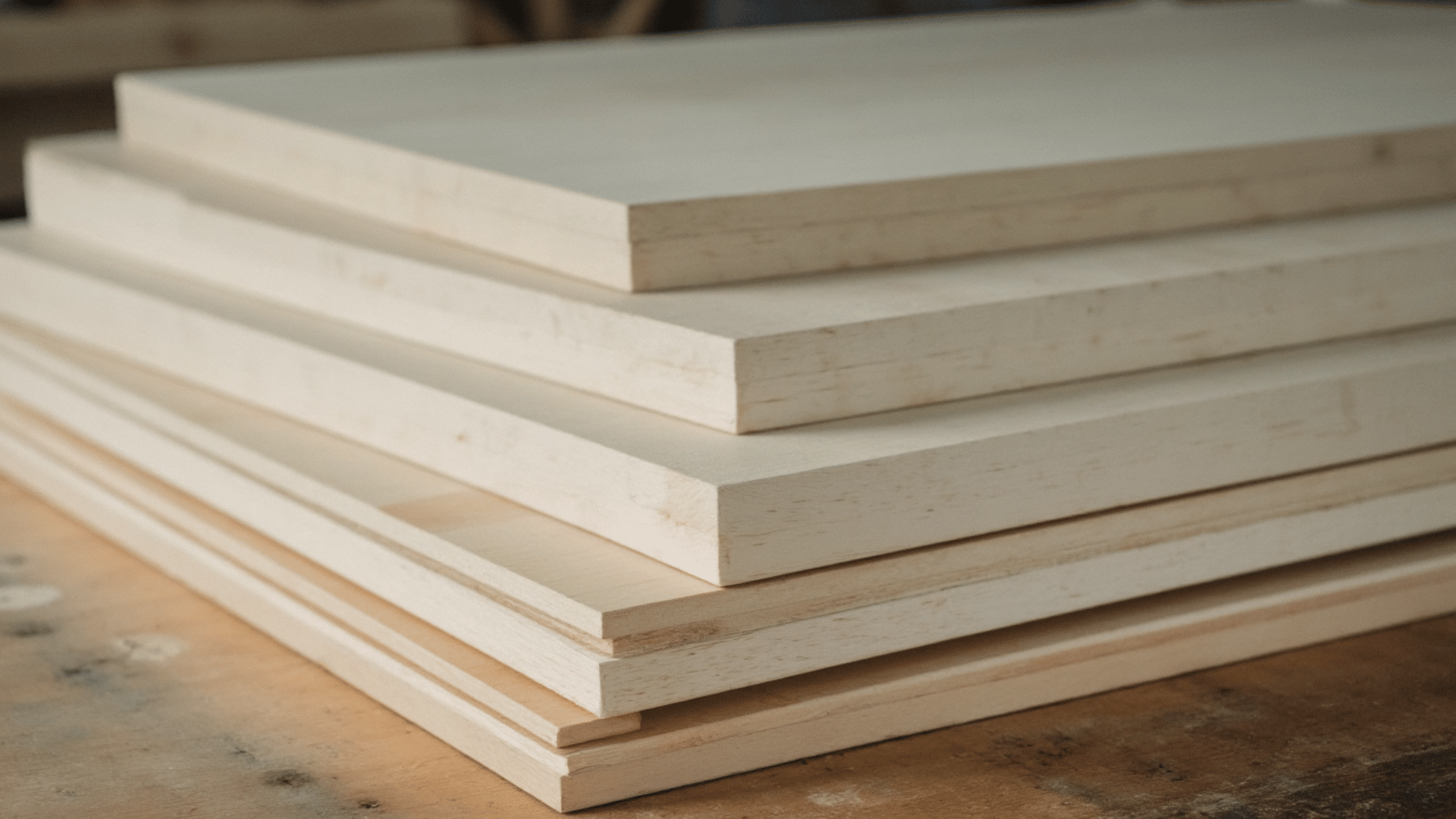 stacked light colored plywood sheets on a workshop table, showing smooth surfaces and clean layered edges ready for woodworking projects