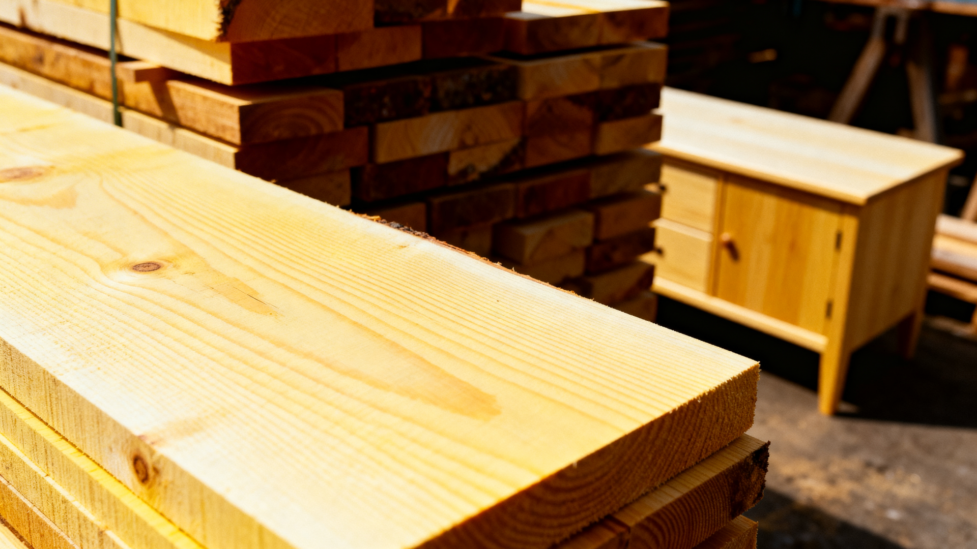 stacked lumber boards in a workshop, showing smooth planed surfaces and visible wood grain, with additional timber pieces and a wooden cabinet in the background