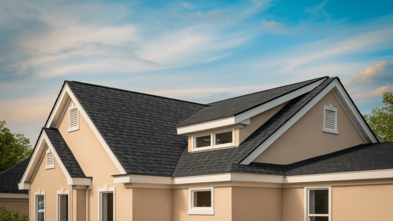 standard roof pitch on a residential house with asphalt shingles in a suburban neighborhood