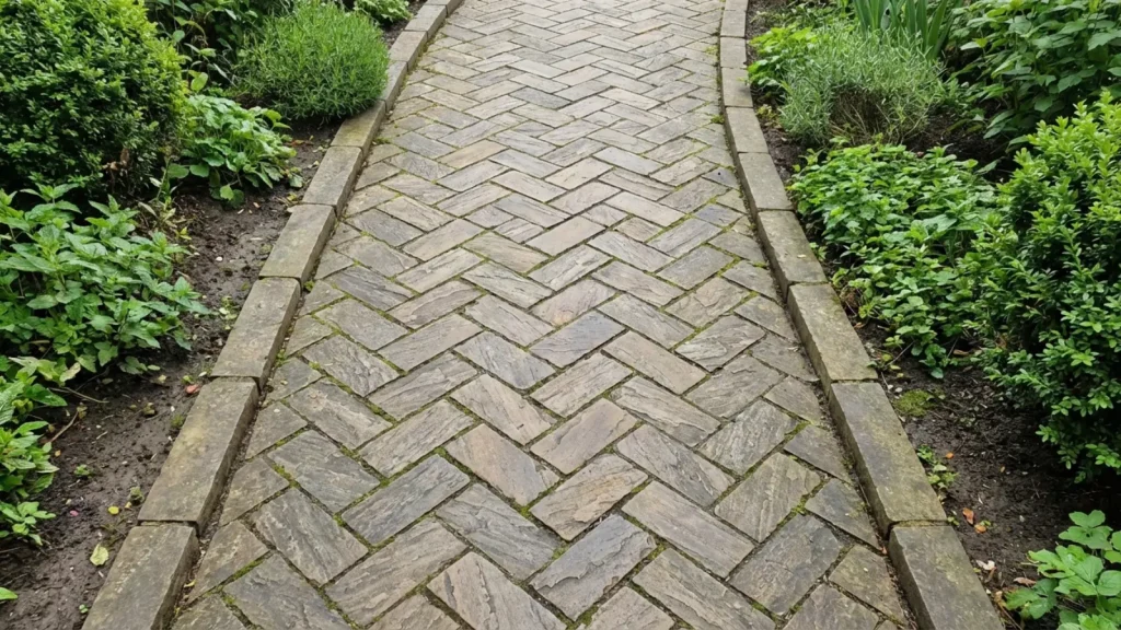stone tiles laid in a herringbone pattern forming a garden path with plain edging