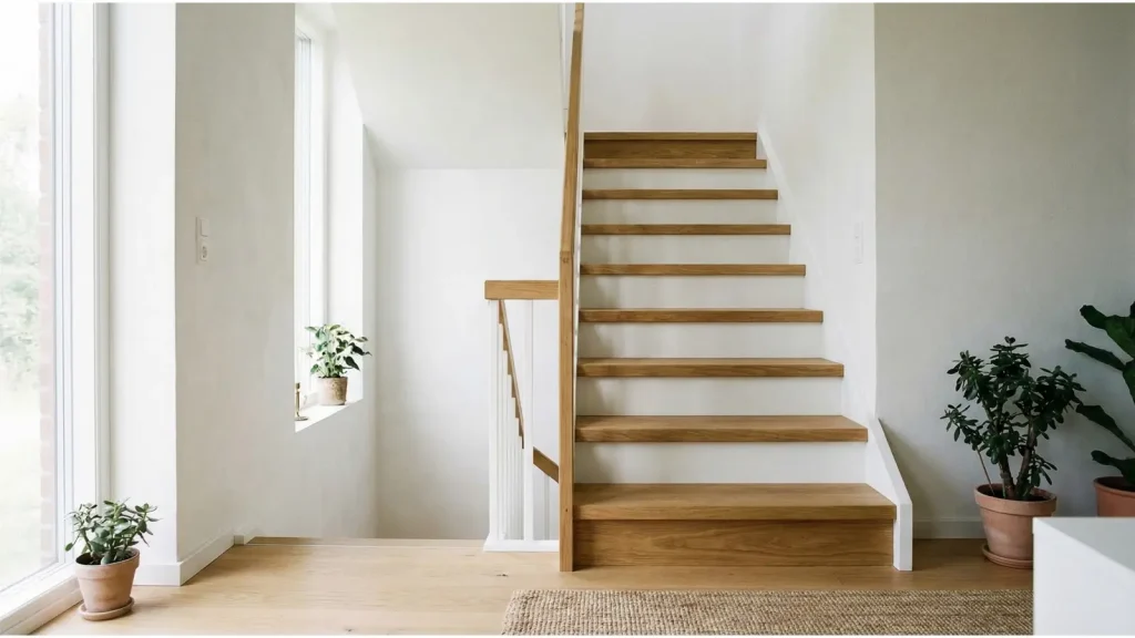 straight flight of stairs with white risers and oak treads in a bright modern home interior